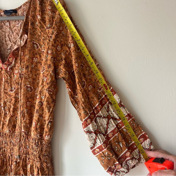 American Eagle Rust Floral Boho Mini Dress XL Bell Sleeve Smocked Waist Festival - Picture 9 of 12
